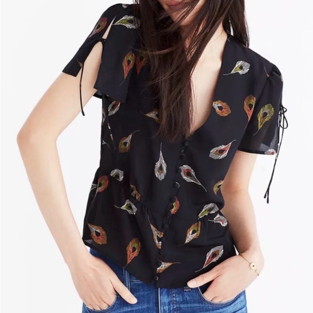 MADEWELL Silk Belle Top in Peacock Feathers V Neck Tie Sleeves Button Front 10